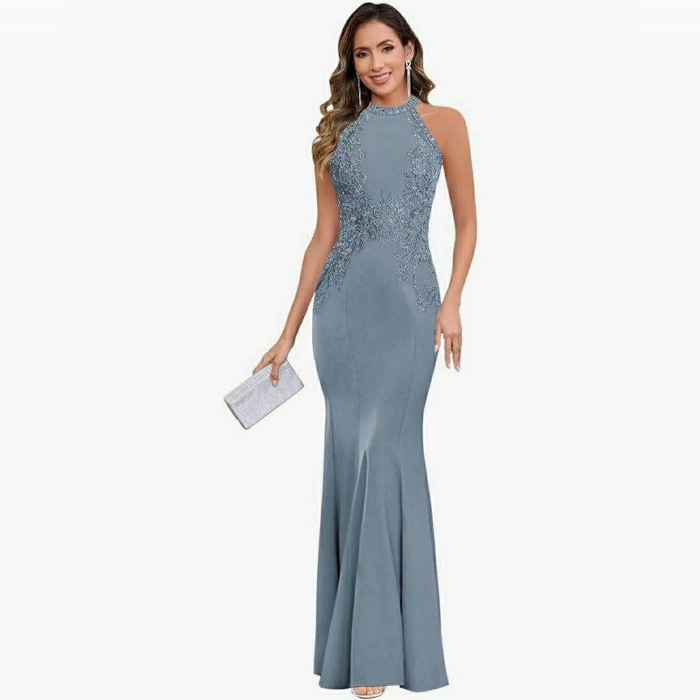 Mermaid Long Halter Lace Formal Dress NWT Dusty Blue Size 2